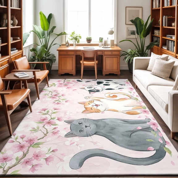 Area Rugs 5'x7', Cherry Blossom Cats Carpet Runner Indoor Outdoor Rugs Home Decor Aesthetic, Pink Spring Modern Farmhouse Floral Non Slip Mats Washable Accent Rug for Living Room Bedroom