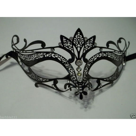 Black Crystal Tiara Laser Cut Venetian Mask Masquerade Halloween Metal Filigree