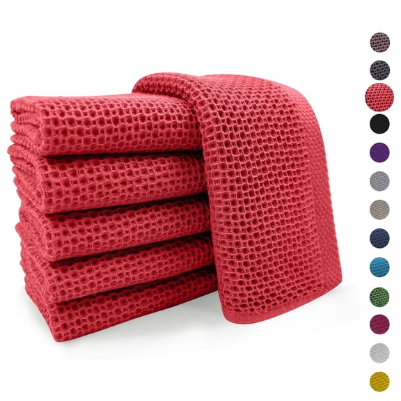 AUQ 6-Pack Kitchen Towels 100% Cotton Waffle Weave Dish Cloths, Ultra Soft Absorbent Quick Drying Dish Rags, Reusable Tea Towels for Home Bar, 12x12 Inches, Red