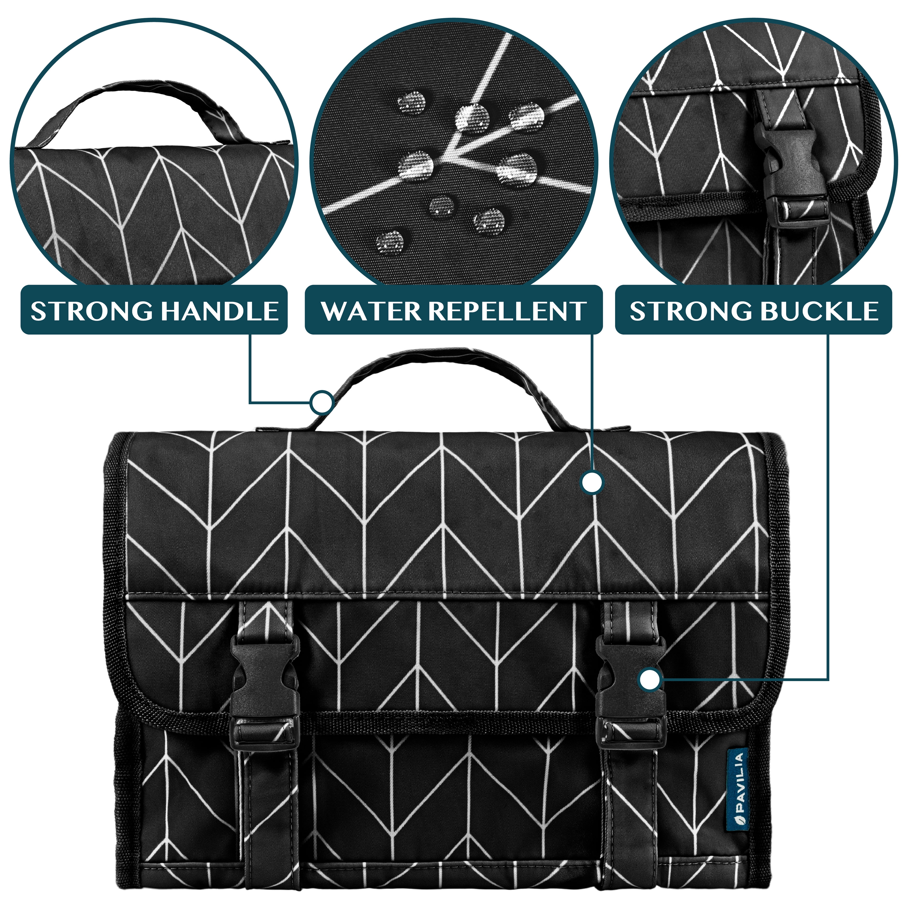 PAVILIA Travel Hanging Toiletry Bag for Women Men, Extra Large Capacity Makeup Bag Kit, Waterproof Cosmetic Storage Organizer Case for Bathroom Shower, Black Chevron