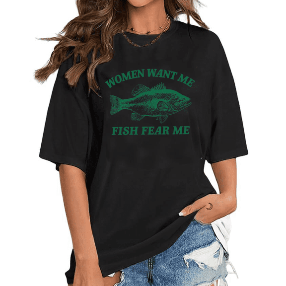 Womens Want Me Fish Fear Me Lettering Print T-shirts Funny Fishing Short Sleeve Tops Vintage Fish Graphic Tees Casual Cotton Shirts Black,4XL