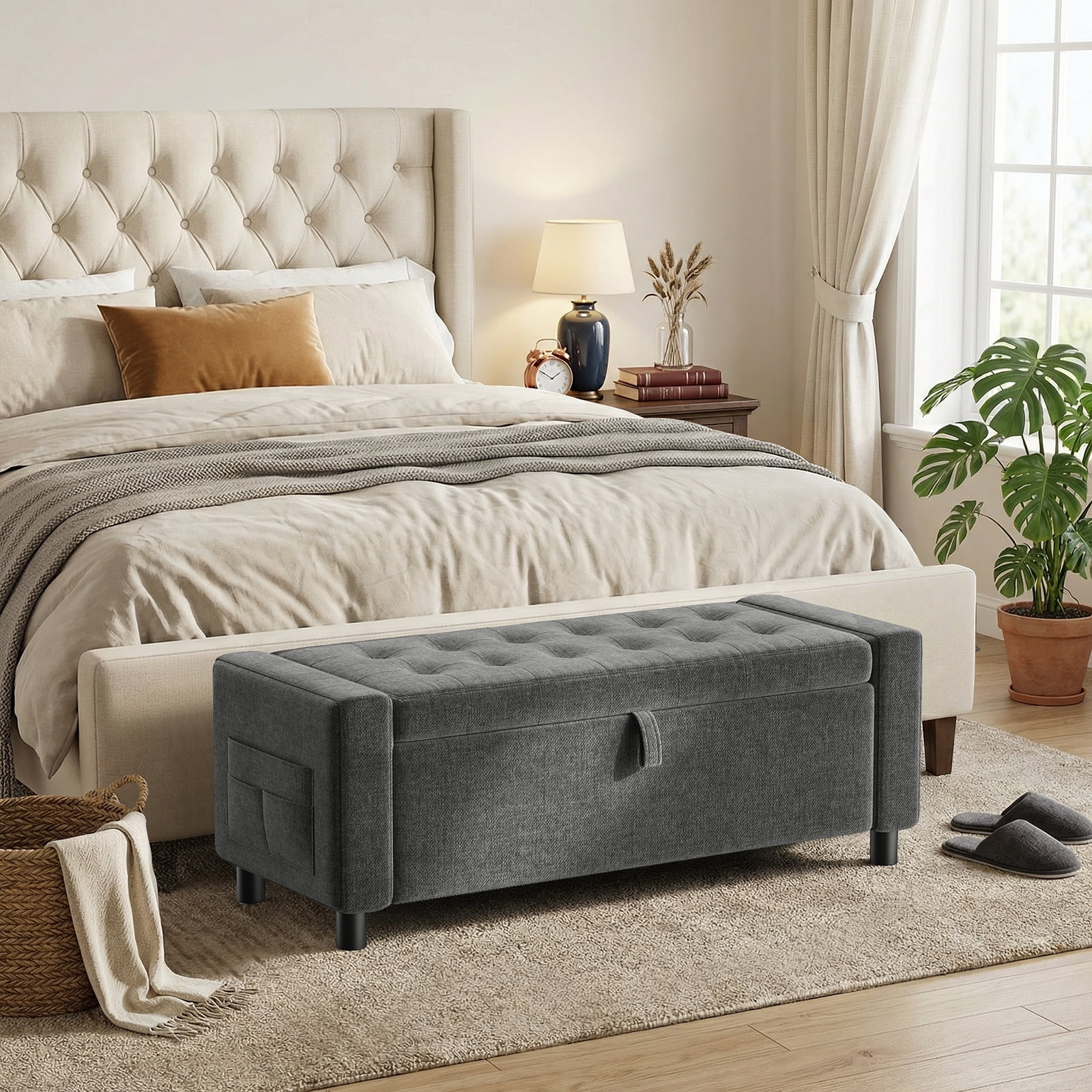 46" Storage Ottoman Bench with Hidden Compartment & Side Pocket,400 lbs Capacity,Safety Hinge,Multi-Functional End of Bed/Entryway Storage,Gray