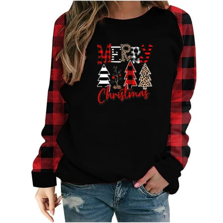 

Women Pullover Sweatshirt Christmas Fashion Printing Coat Shirt Ladies Long Sleeve Round-Neck Ruched Tops Red X-Large
