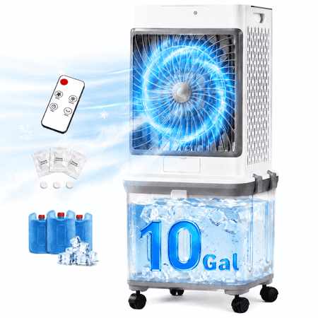 KTO 4-in-1 Evaporative Cooler, 10 Gal Portable Air Cooler 2500 CFM Swamp Cooler with Remote Control 7H Timer Air Cooler, 3 Wind Speeds for Outdoor Indoor Use