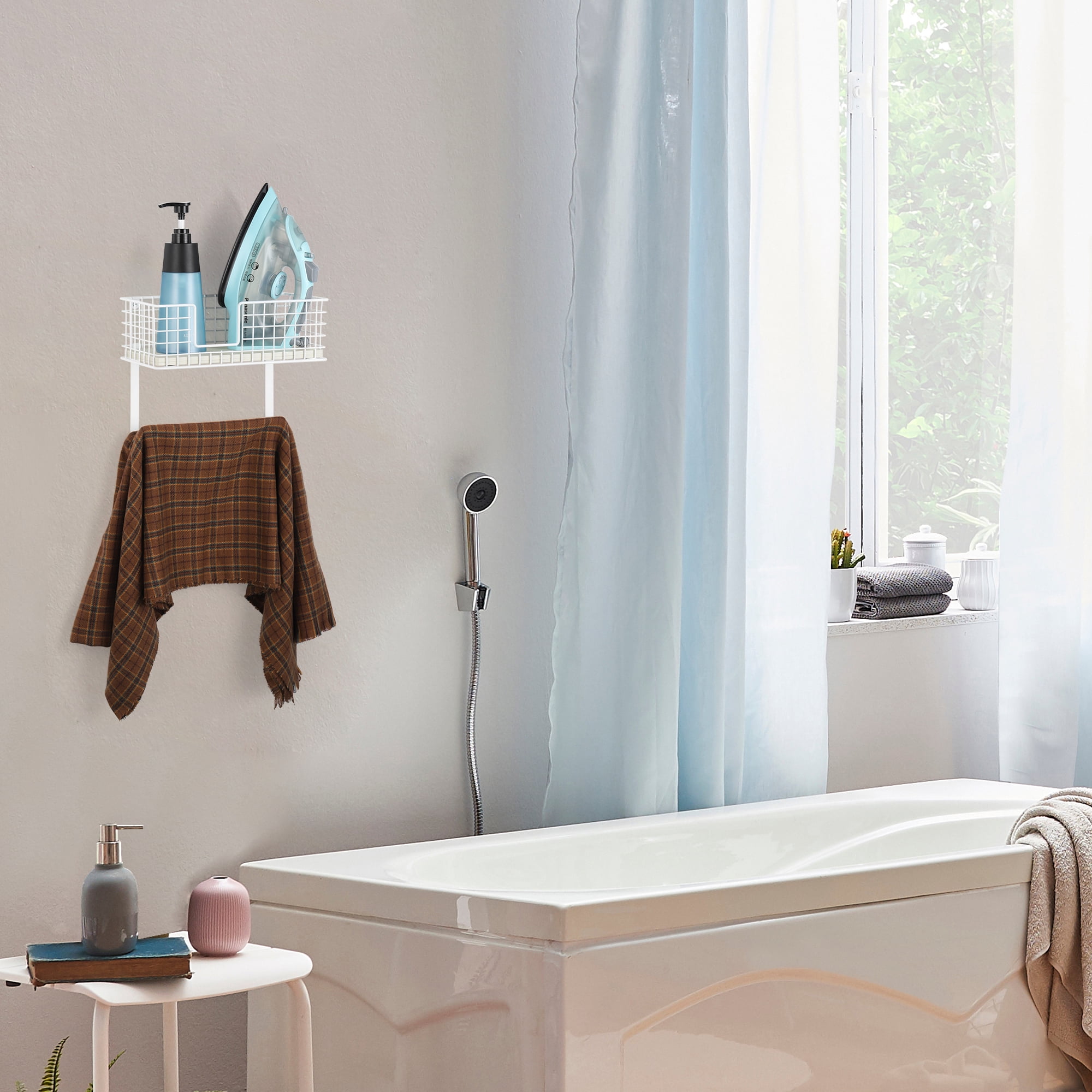 Oumilen Wall Mount Ironing Board Hanger for T-Leg with Storage Basket and Removable Hooks, White