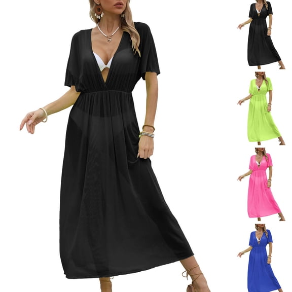 zaveiop Women Swimsuit Cover up Bikini Bathing Suit Sexy Deep V Neck Swim Beach Dresses Summer Beachwear (Black, One Size)