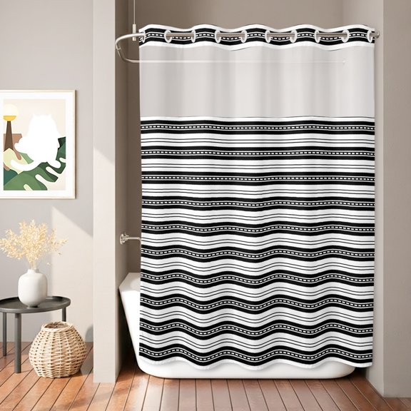 Abstract Stripe Shower Curtain, Classic Black Point Lines Waterproof No Hooks Bath Shower Curtain with See Through Top Window for Bathroom Bathtub 72x84in