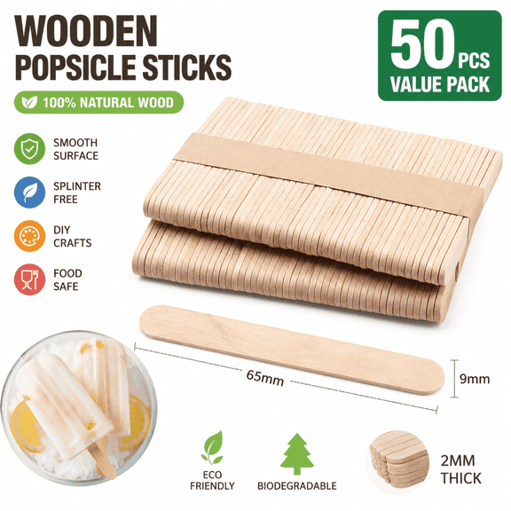 50 Natural Wood Popsicle Sticks for DIY Crafts - Ice Cream Sticks, Kid-Safe Smooth Edges for Homemade Treats & School Art Projects, 2.5 Inch