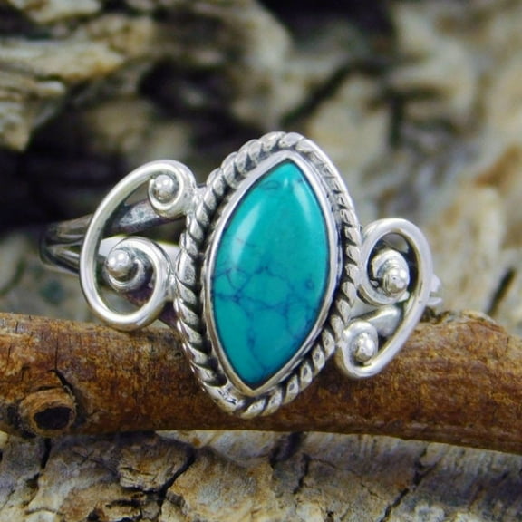 Vintage Women's Silver Ring Marquise Cut Bohemia Turquoise Jewelry ，Chic Hand Made Jewelry Ring Wedding Ring Size 6-10 (US size 7)