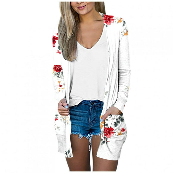 Ladies Light Weight Summer Cardigan with Pockets, Long Sleeve Casual Comfy Open Front Cardigans Long Thin Coat White M