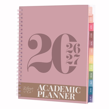 Rileys Academic Planner 2026-2027, Daily, Weekly & Monthly Planner, July 2026 - June 2027, Student Notes Pages, Twin-Wire Binding, Weekly Agenda for School & Work (8 x 6-Inches, Typographic, Pink)