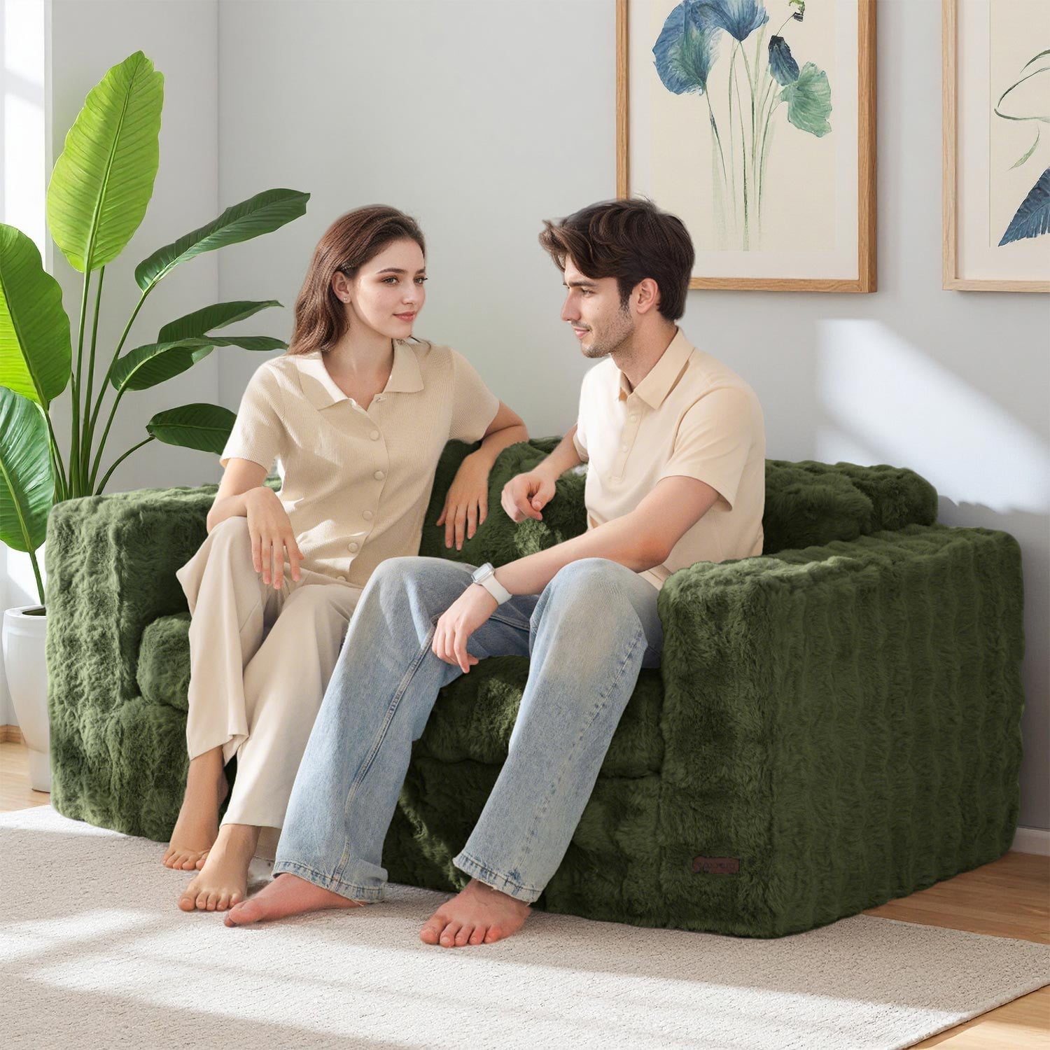 GOODONE Bean Bag Chair Sofa,Giant Loveseat Bubbled Boneless Couch,Modern Soft Comfy Plush Lazy Sofa for Living Room and Apartments,No Assembly Required,Green