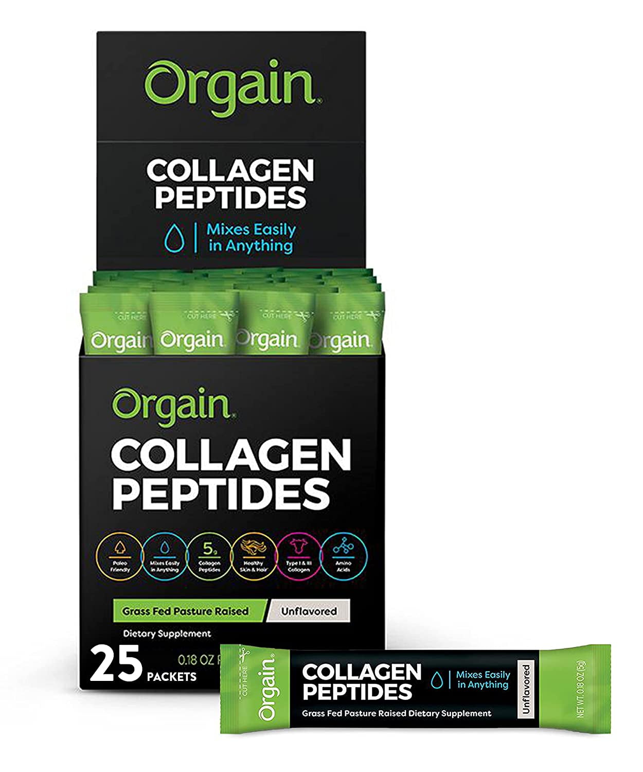 Orgain Hydrolyzed Collagen Peptides Protein Powder sticks Paleo & Keto Friendly, Pasture