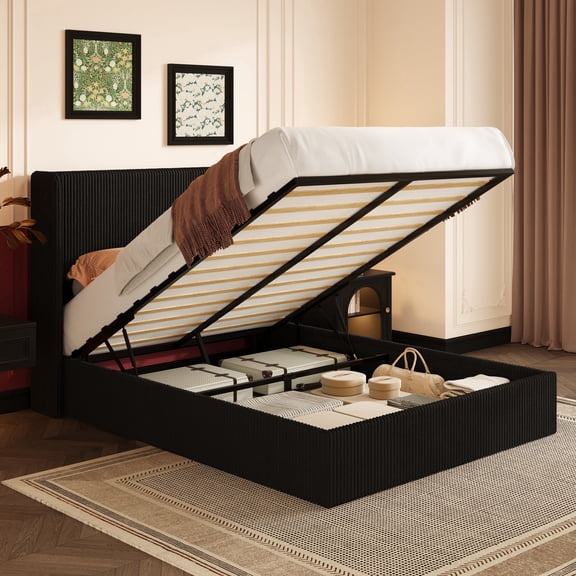 Einfach Queen Bed Frame with Hydraulic Lift Storage, Corduroy Upholstered Wingback Headboard, Under-Bed Storage, Black