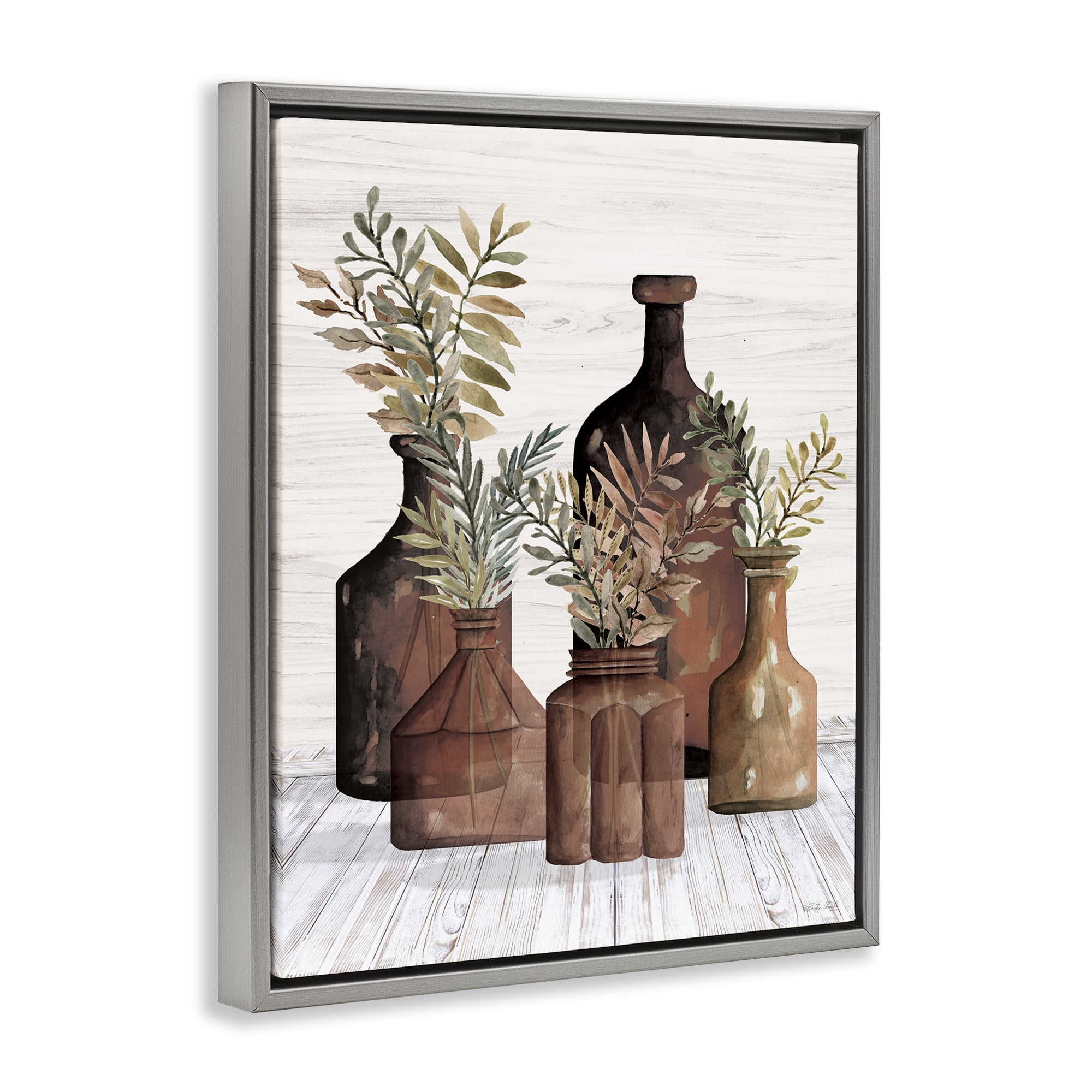 Stupell Industries Brown Pottery Botanicals Plants & Flowers Painting Gray Floater Framed Canvas Art Print Wall Art, 17 x 21