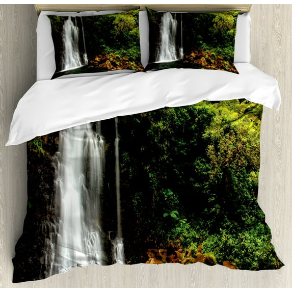Fiji Duvet Cover Set King Size, Middle Tavoro Waterfalls in Bouma Natural Landscape, Decorative 3 Piece Bedding Set with 2 Pillow Shams, Apple Green Olive Green Amber Charcoal Grey, by Ambesonne