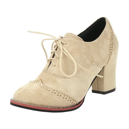 OJSFQUFP Womens Shoes Winter Warm Boots British Carved Lace Up Thick High Heeled Women s Single Ankle Boots Women s Casual Shoes Biker Boots Women Beige 39