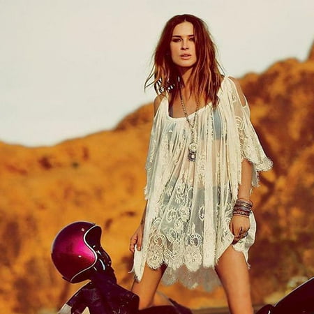 - Vintage Hippie Boho People Embroidered Floral Lace Crochet Mini Dress S