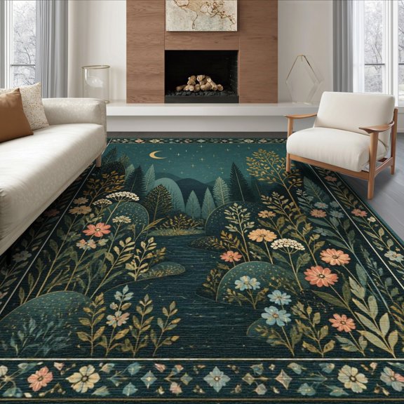 ODIKA 8'x10' Washable Area Rug Non-Shedding, Easy Care, Teal Gold Enchanted Forest and Floral Design Elegant Nighttime Scenery with Starry Sky for King Size Bedroom Under Bed, Master Suite