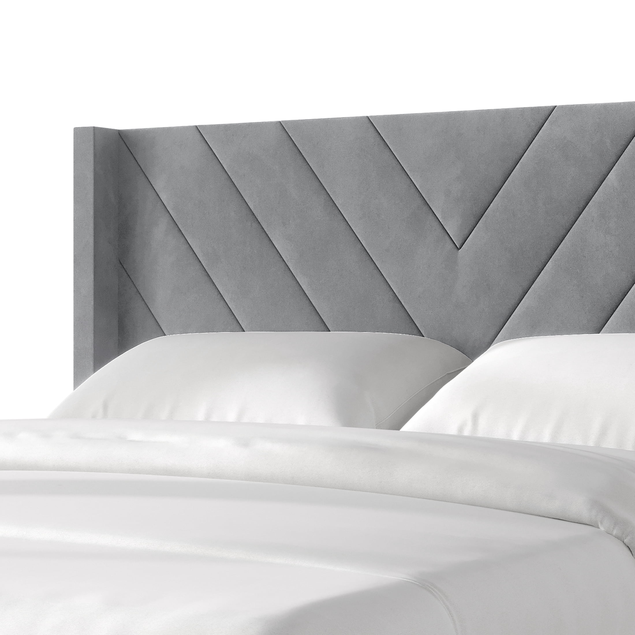 Castle Place Sophisticated Wingback Velvet Upholstered Queen Platform Bed, Light Grey