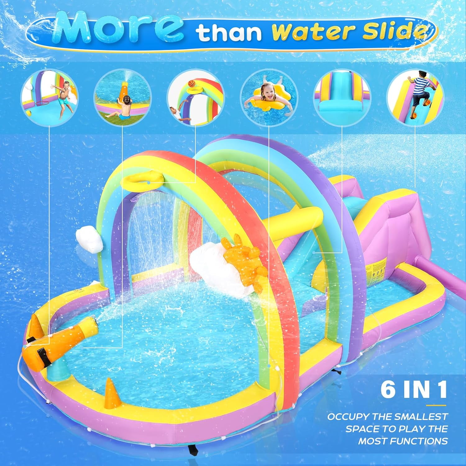 (2024 New) JOYMOR Inflatable Water Slide with Blower, Inflatable Kids Water Slide with Climbing Wall, Water Cannon, Splash Pool, Blow Up Water Slide for Kids Backyard Summer Party (Rainbow Style)