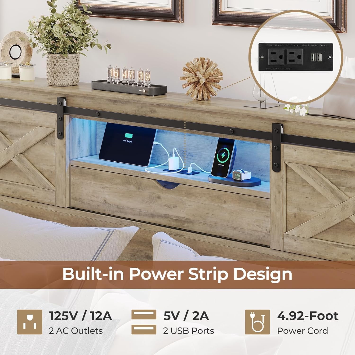 Farmhouse California King Size Bed Frame with LED Lights, Charging Station, Wooden California King Bed with Storage Bookcase Headboard, 2 Drawers, Country Rustic Bed Frame with Sliding Barn Door,Gray
