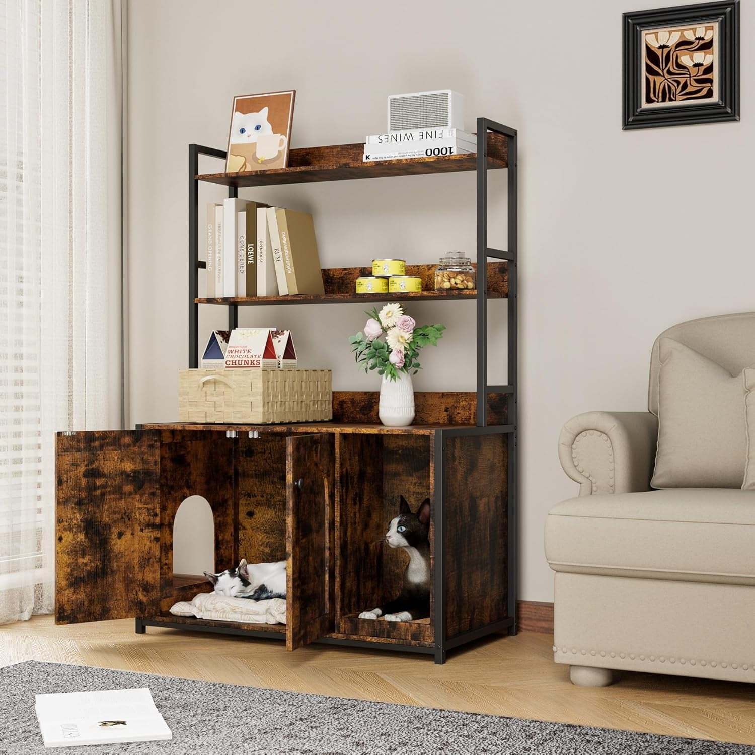 NEILA Litter Box Enclosure with 2 Storage Shelves White Hidden Cat Litter Box Furniture with Scratch Pad, Indoor Cat House Kitty Box Washroom Cat Bookshelf Cabinet, Brown