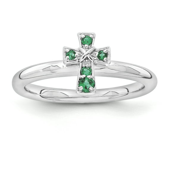 Created Emerald Sterling Silver Rhodium Cross Ring