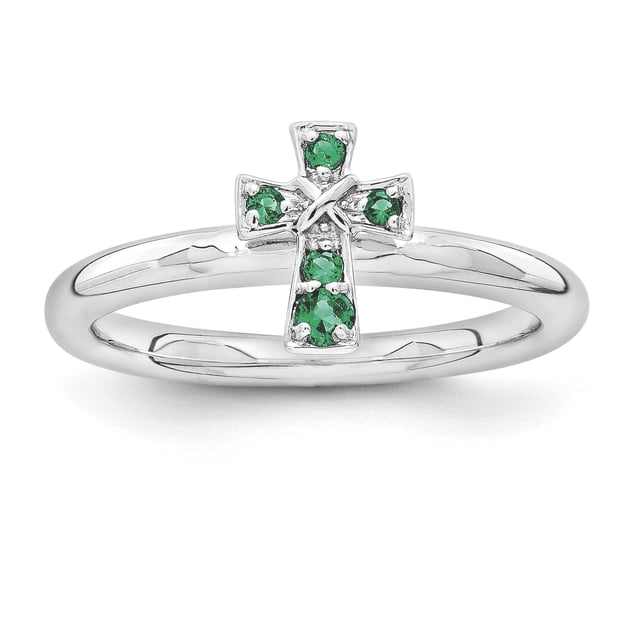 Bague Croix Émeraude Créée Rhodium en Argent Sterling Stackable Expressions Taille 10
