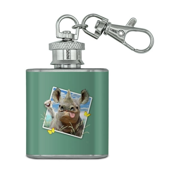 Rhino Rhinoceros Selfie Picture Funny Stainless Steel 1oz Mini Flask Key Chain
