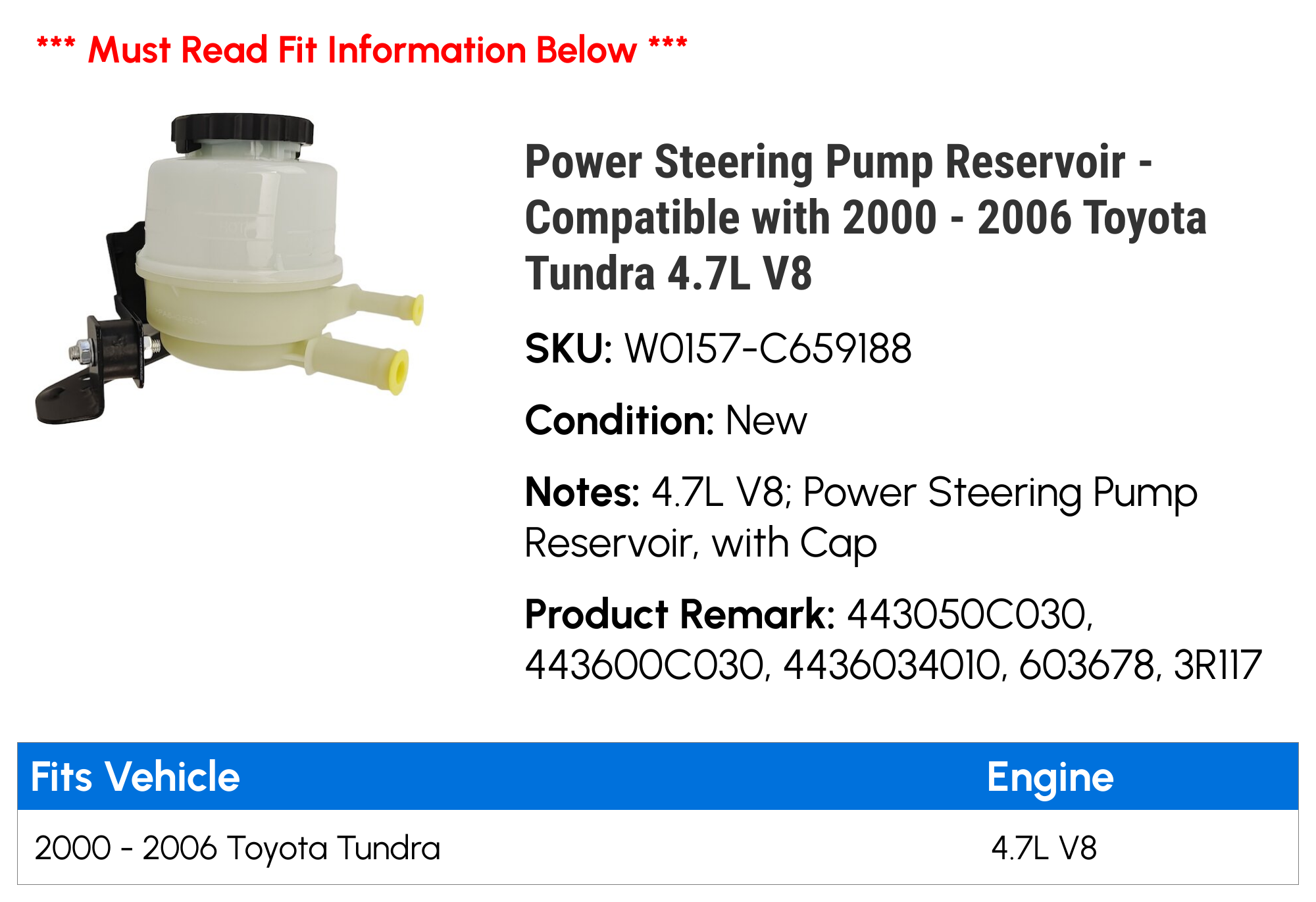 Power Steering Pump Reservoir - Compatible with 2000 - 2006 Toyota Tundra 4.7L V8 2001 2002 2003 2004 2005