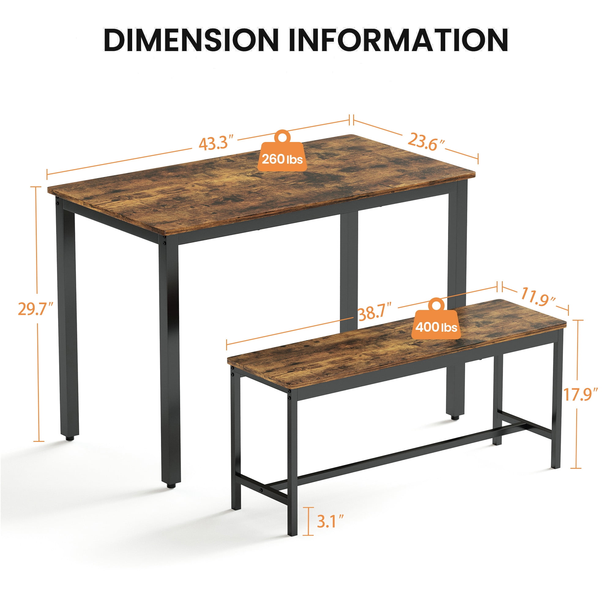 Aukfa Dining Table Set for 4, Kitchen Dining Table Set with 2 Bench ,Brown