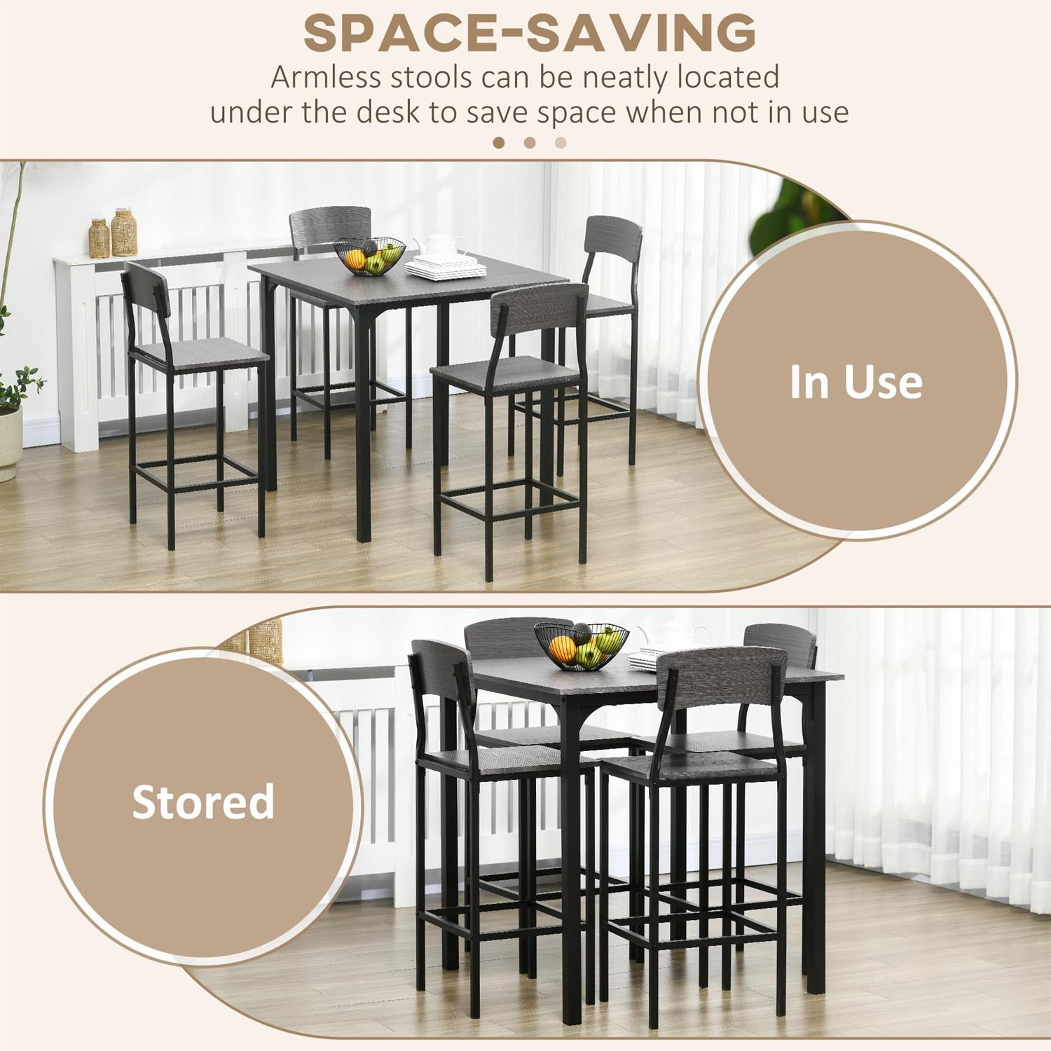 Demi Bonn 5-Piece Counter Height Bar Table Set, Square Kitchen Table and Chairs Set with Footrest for 4, Gray