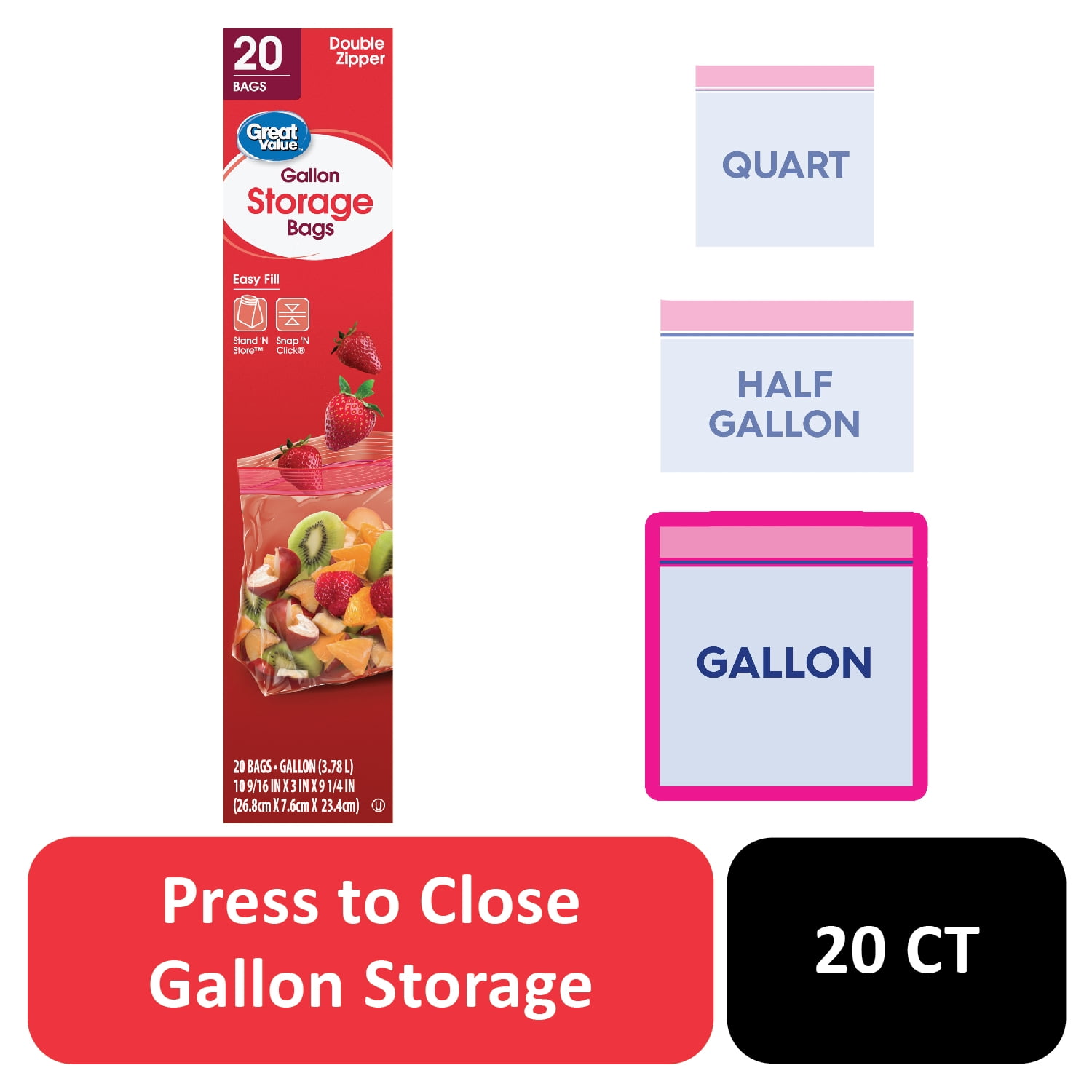 Great Value Fresh Seal Gallon Storage Bags, Double Zipper, 20 Count
