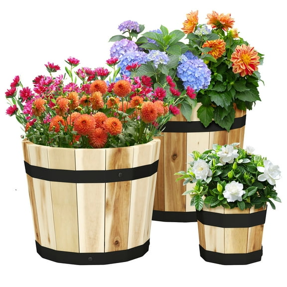 Patiojoy Set of 3 Outdoor Wooden Flower Boxes Whiskey Barrel Planters with Acacia Wood Frame