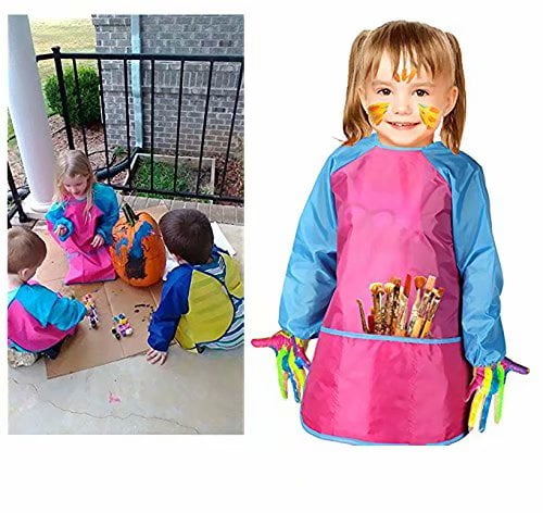 Children Waterproof Artist Painting Aprons Long Sleeve with 3 Pockets for Age 2-6 Years Printing Bassion 2 Packs Kids Art Smocks 