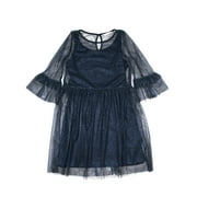 Foil Mesh Long Ruffle Sleeve Dress (Little Girls & Big Girls)