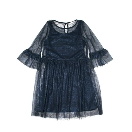 Foil Mesh Long Ruffle Sleeve Dress (Little Girls & Big Girls)