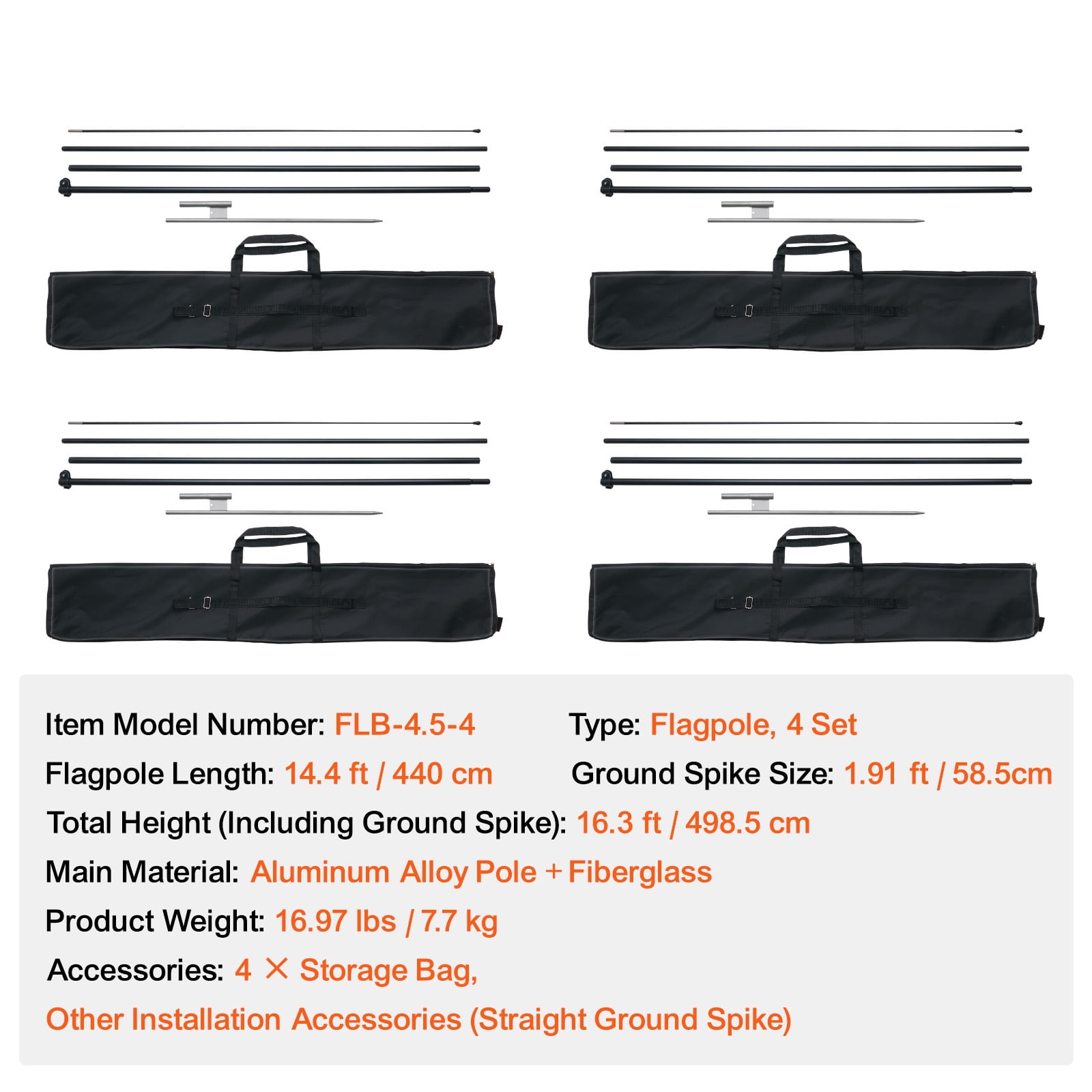 KFFKFF Feather Banner Pole Set, Quadruple Pack of 16.3 ft Flutter Flag Poles, Ideal for Commercial Advertising Flags Outdoors, Comes with Ground Pegs and A Transport Bag (Flag Not Provided)