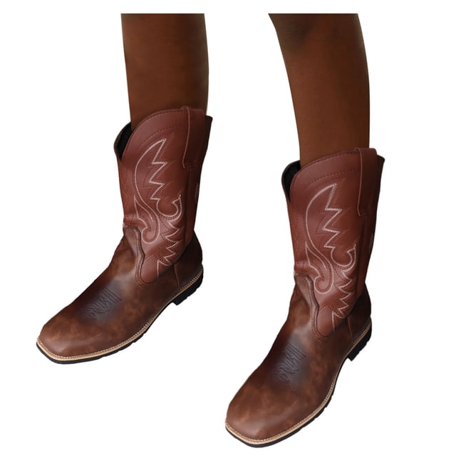 LIUJUNSHOP Men's Western Knee High Cowboy Boots with Embroidery Pull On Design and Wide Square toe for Riding 45 Brown