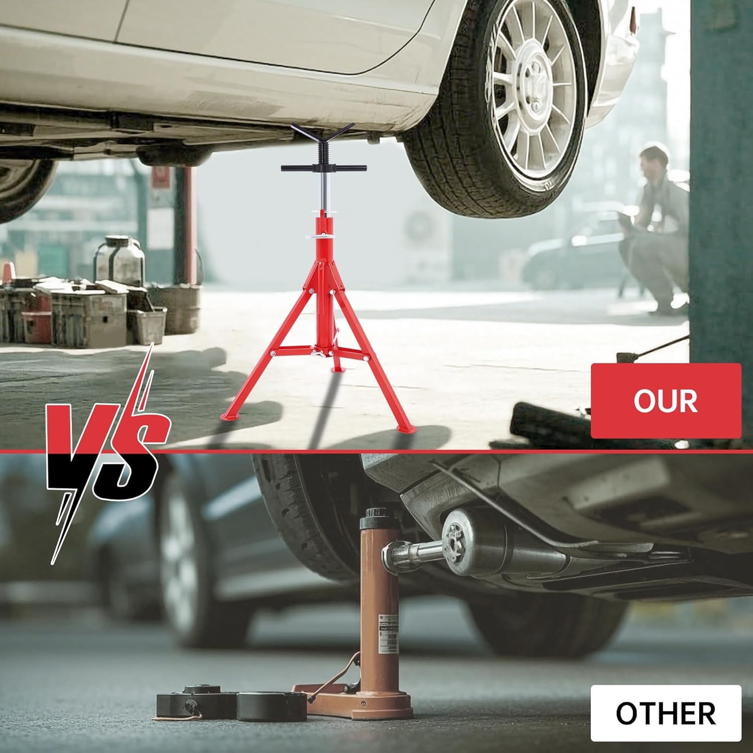 KOJEM V-Head Jack Stand Adjustable Height 28"-52" Folding Pipe Stand 2500 lbs Load Capacity Portable Steel Stability Stand