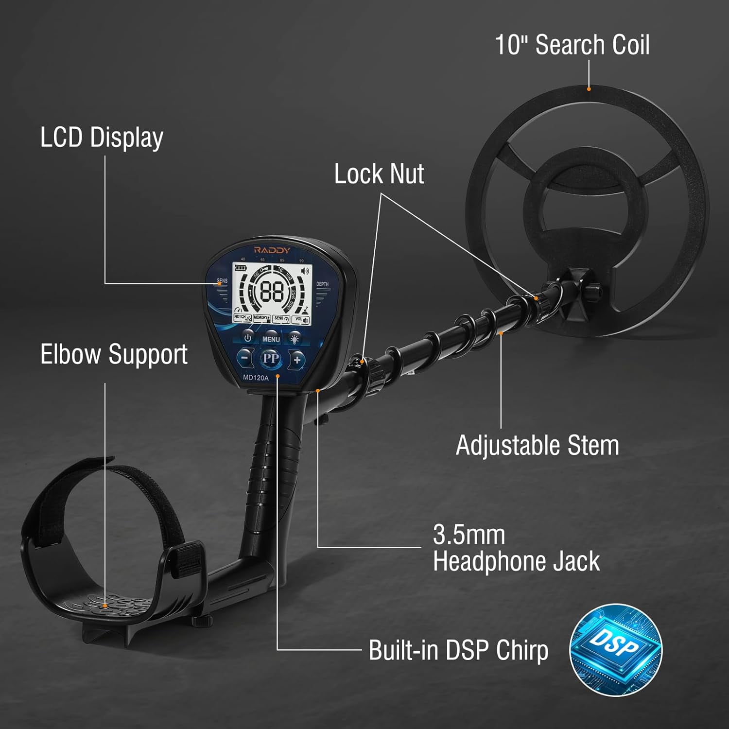 Raddy MD120A Professional Metal Detector for Adults, High Accuracy Gold Metal Detectors with 4 Modes, 10" IPX7 Waterproof Search Coil, LCD Backlit Display, Headphone, Bag, Shovel for Treasure Hunting