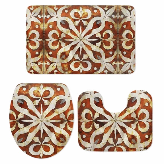 Burnt Orange Retro Bath Mat 3 Piece Bathroom Rug Set, Ethnic Flowers Impressionist Art Non Slip Bath Rug Contour Mat and Toilet Lid Cover, Absorbent Shower Mats Soft Bath Rugs and Mats Sets