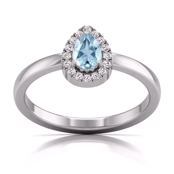 Round and Pear Cut Natural Aquamarine Gemstone Ring in 14K White Gold (Size: 4.5)
