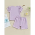 thumbnail image 5 of Baby Girls 2 Piece Outfit Solid Color Ribbed Ruffle Short Sleeve T-Shirt and Elastic Shorts Set Summer Clothes, 5 of 10