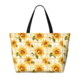 thumbnail image 2 of Zufioo Light Yellow Plaid Sunflower Print Large Capacity Beach Travel Bag, Zippered Pocket Foldable Hand-held Shoulder Beach Bag, 2 of 7
