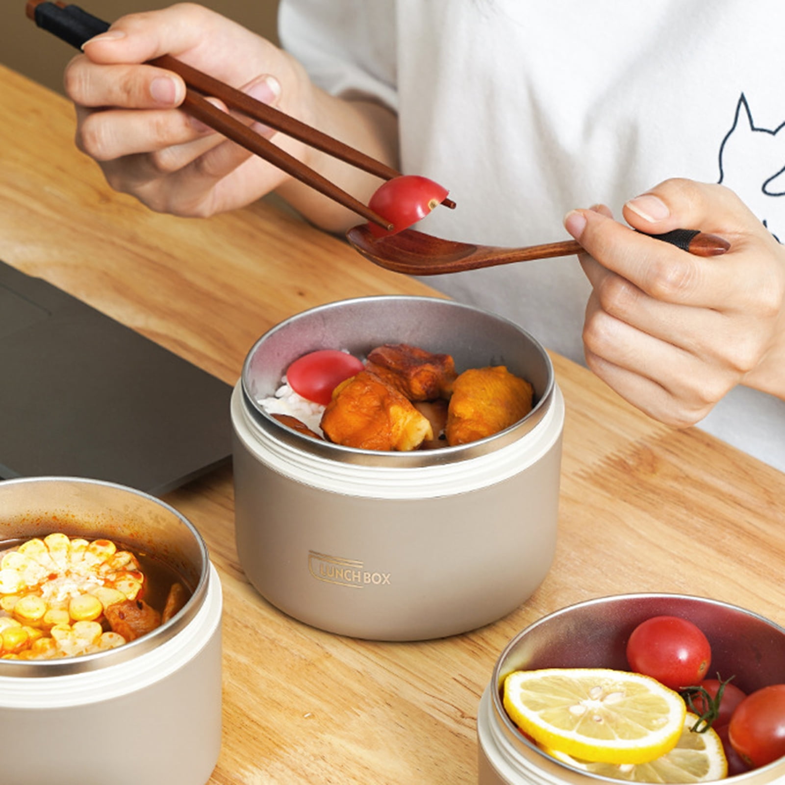 Lunch Box Containers - 1/2/3/4Pcs Lunch Box Round Shape Sealing Silicone Rubber Ring High Capacity Leak Proof 3H Heat Preservation Time Food Storage Food-Grade Stainless Steel Insulation Bento Box