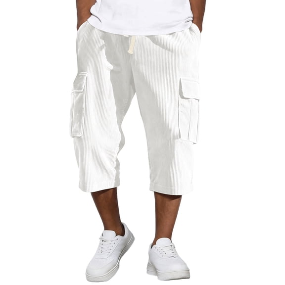 Men's Corduroy Cargo Capri Pants, Elastic Waist Drawstring 3/4 Long Shorts with Multi-Pockets, Casual Loose Fit Summer Cropped Trousers White