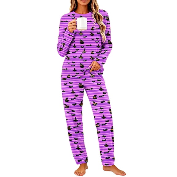 Women's Halloween Pajama Set Long Sleeve Pullover Top and Pants Pumpkin Ghost Print 2-Piece Sleepwear