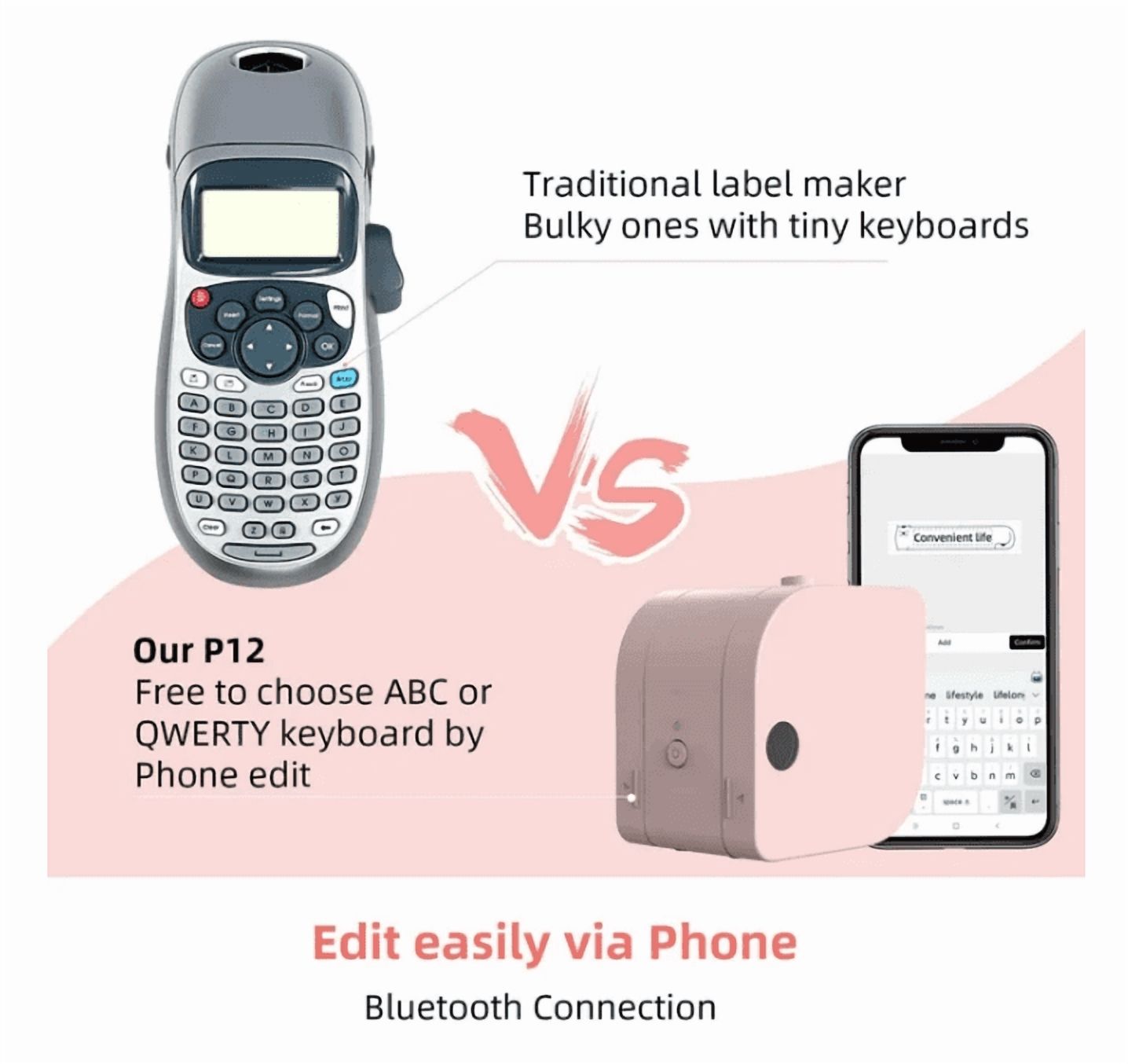 Wuduguer P12 Label Maker Machine with Tape, Portable Bluetooth Small Thermal Label Printer with Multiple Templates Handheld Mini Label Maker for Home, Kitchen, Organization, Office, Pink
